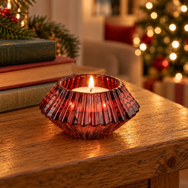 Ancient Wisdom burgundy diamond-shaped dinner candle and tealight holder for Christmas decor, with elegant design and warm color.