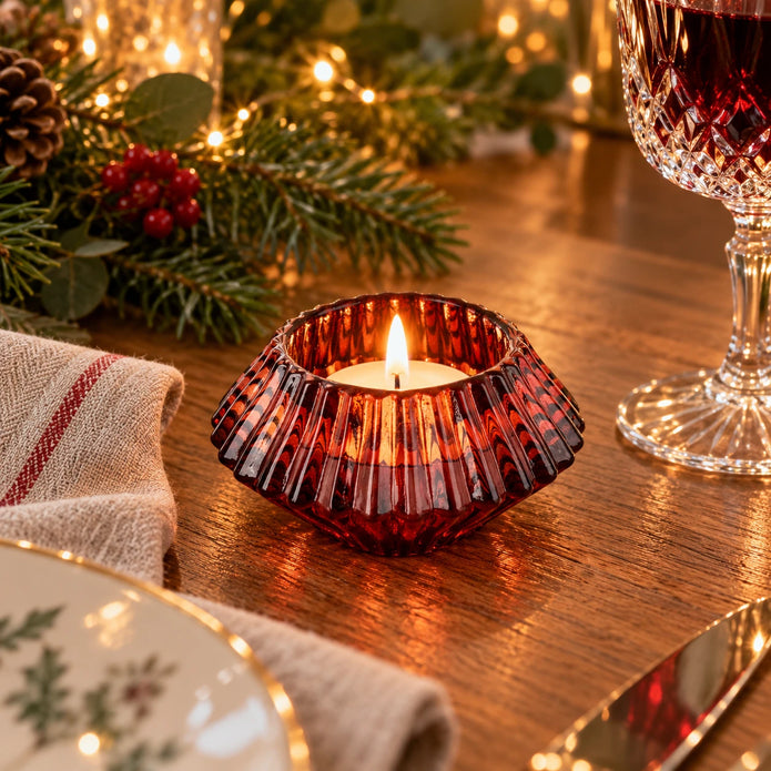 Ancient Wisdom burgundy diamond-shaped dinner candle and tealight holder for Christmas decoration, with a festive holiday design.