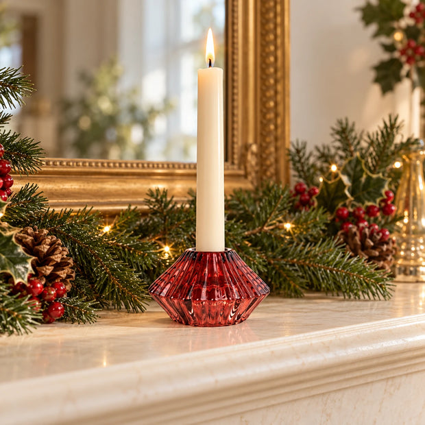 Ancient Wisdom Christmas burgundy diamond candleholder with dinner candle and tealight for festive mantel decor