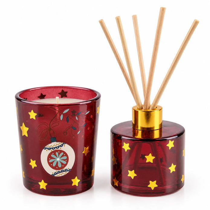 Burgundy Christmas diffuser and candle gift set with baubles, featuring a decorative diffuser and scented candle in elegant packaging