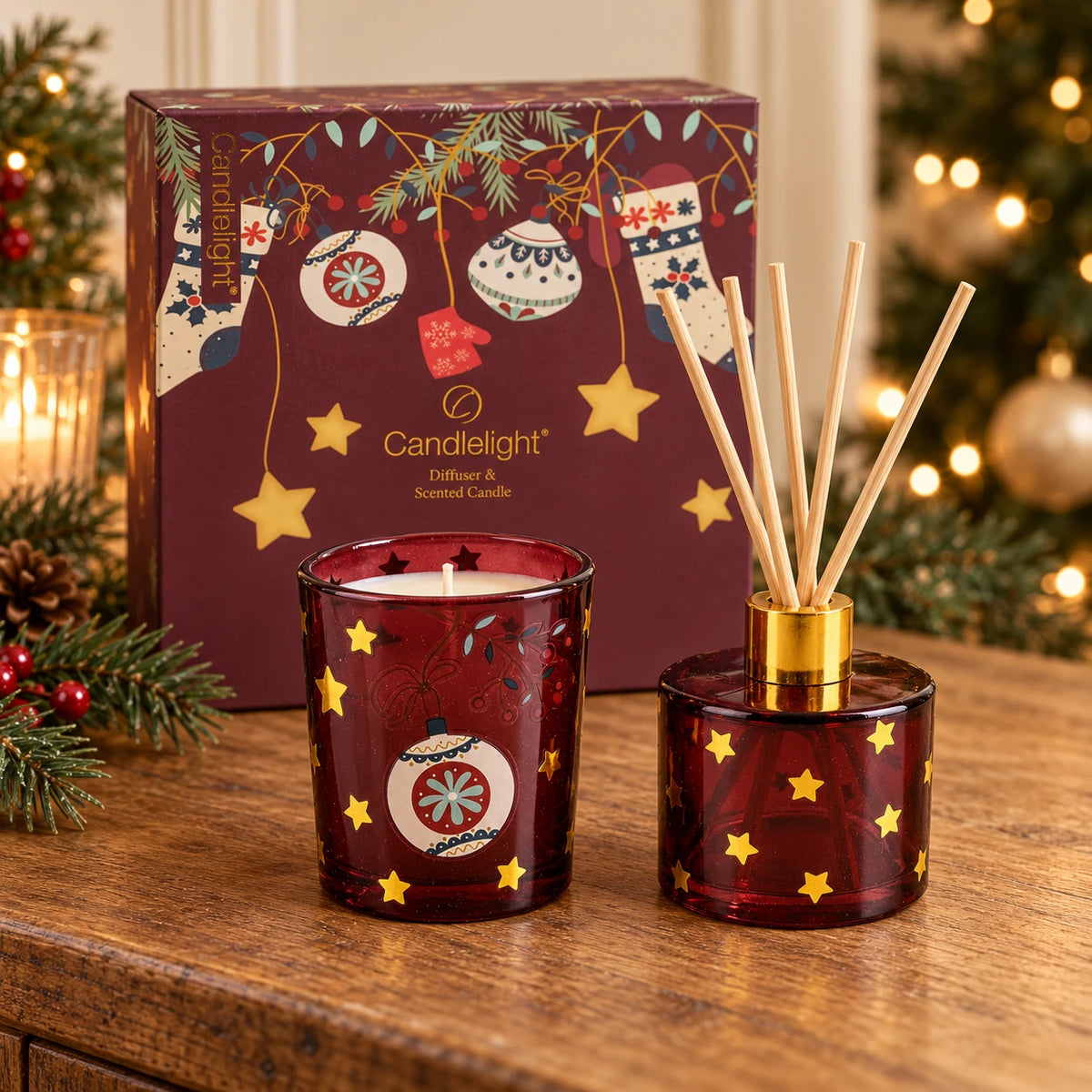 Burgundy Christmas gift set with diffuser and candle from Candlelight Products Ltd, featuring festive holiday decor and scent.