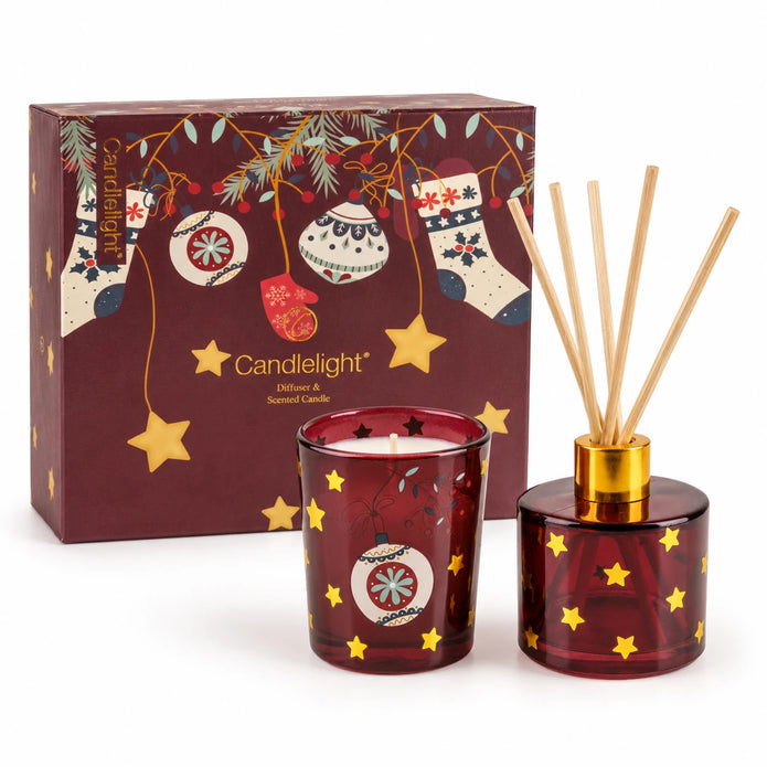 Burgundy stockings and baubles diffuser and candle gift set for Christmas by Candlelight Products Ltd, featuring festive decor and scents.