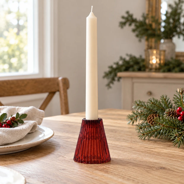 Ancient Wisdom burgundy glass Christmas candle holder with a dinner candle and tealight holder for festive decor.