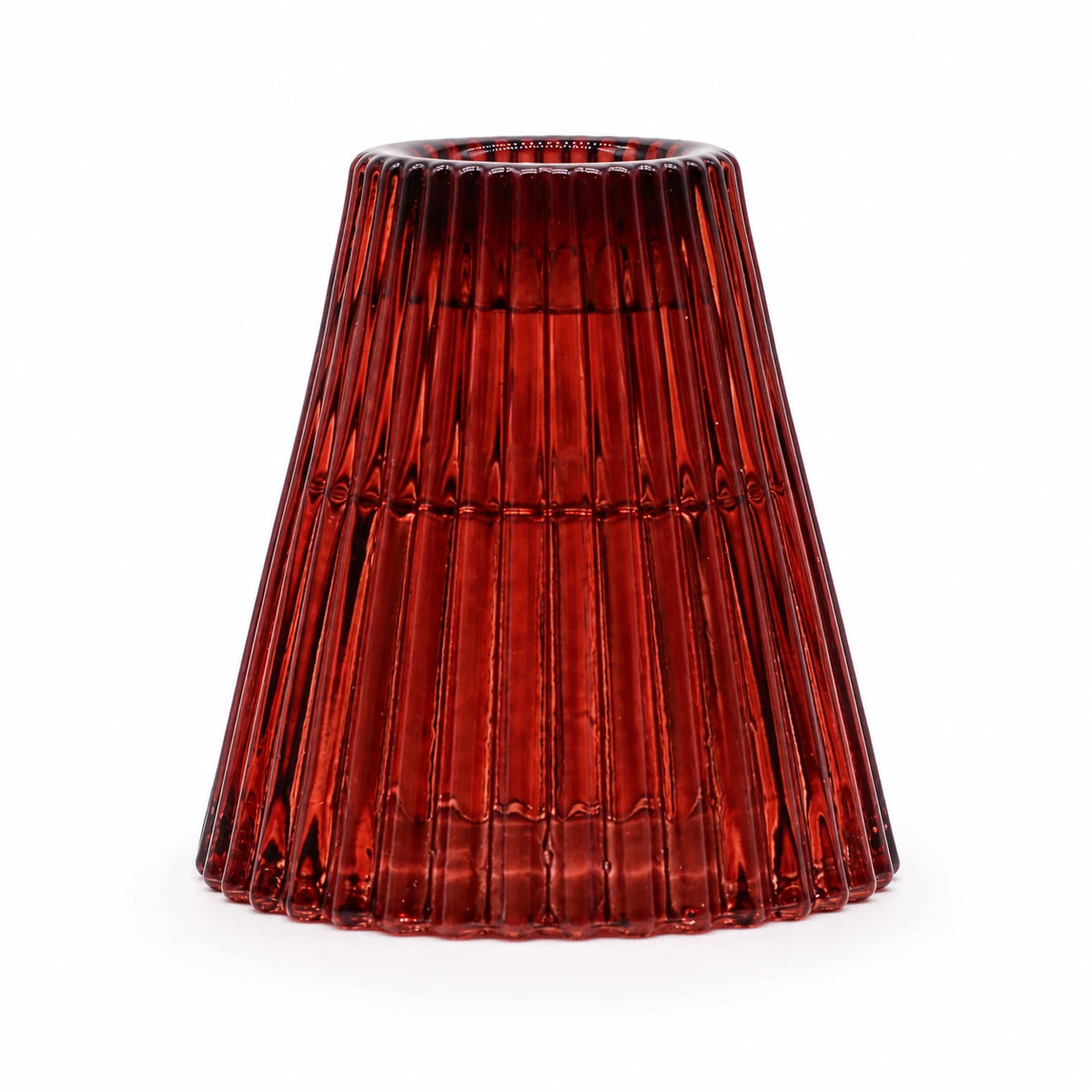Burgundy ribbed glass reversible candle holder on a white background