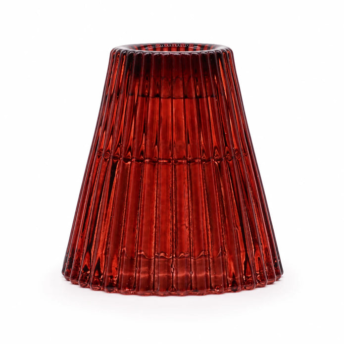 Burgundy ribbed glass reversible candle holder on a white background