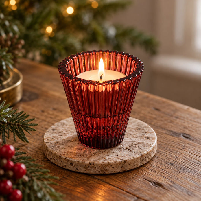 Burgundy ribbed glass holder with a lit tealight on a stone coaster at Christmas