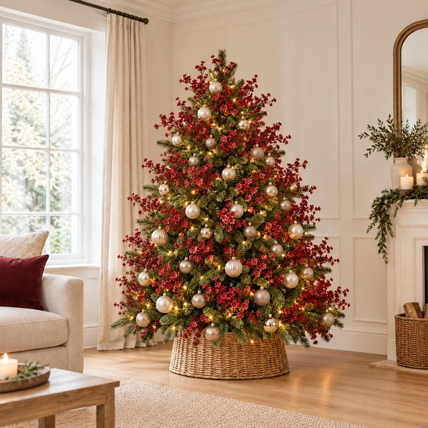Burgundy gypsophila stems in a finished green Christmas tree with lights and neutral baubles.