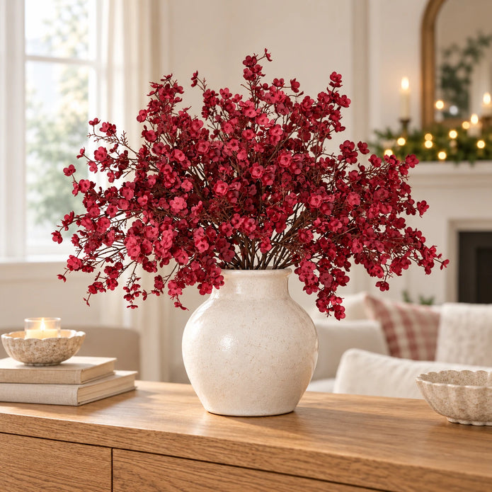 Multiple 40cm burgundy gypsophila stems in a full ivory vase arrangement.