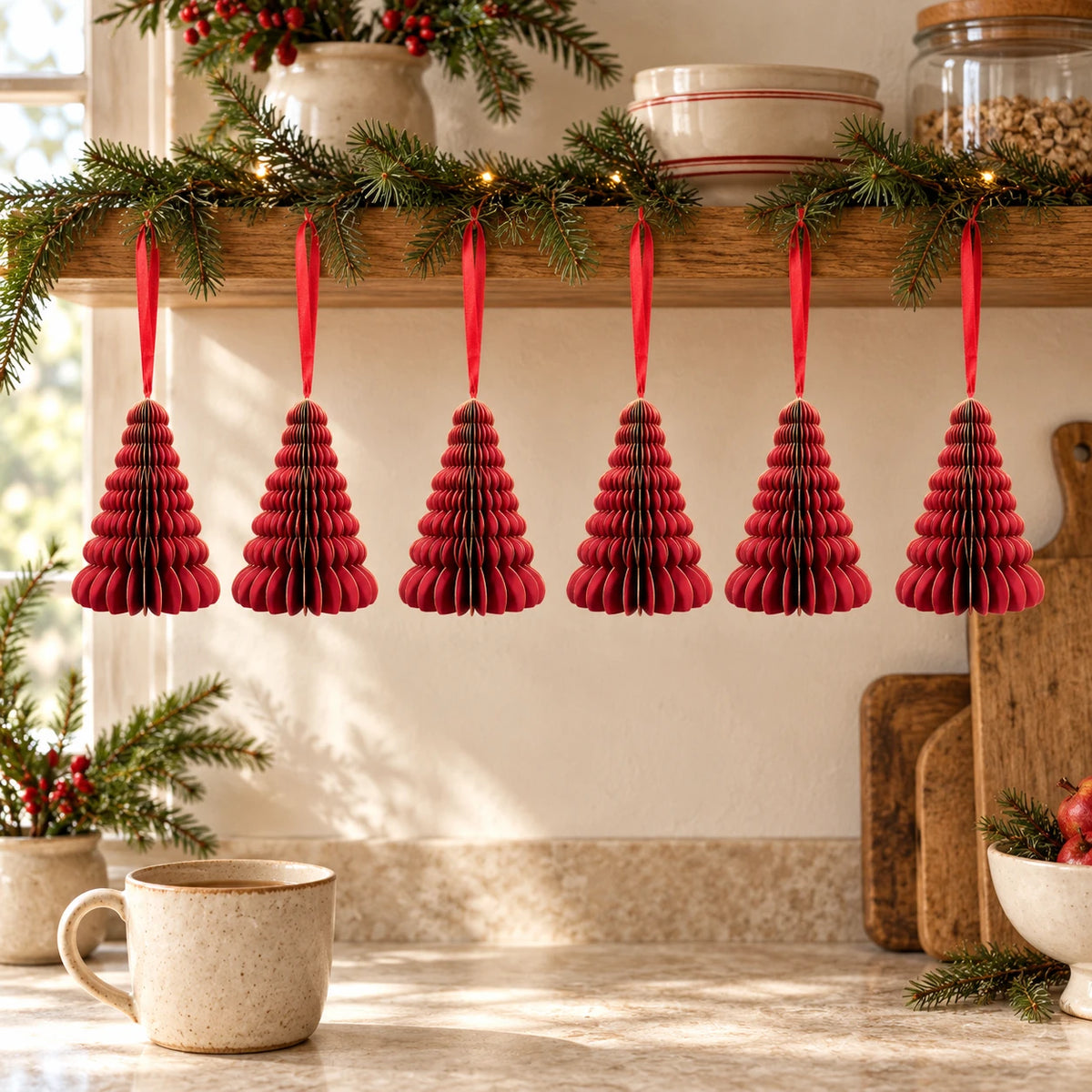 Six burgundy paper tree ornaments hanging from a festive kitchen shelf above a mug of tea.