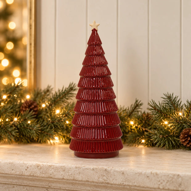 Large burgundy ceramic Christmas tree by Satchville with detailed branches, ornaments, and a sturdy base for holiday decor.