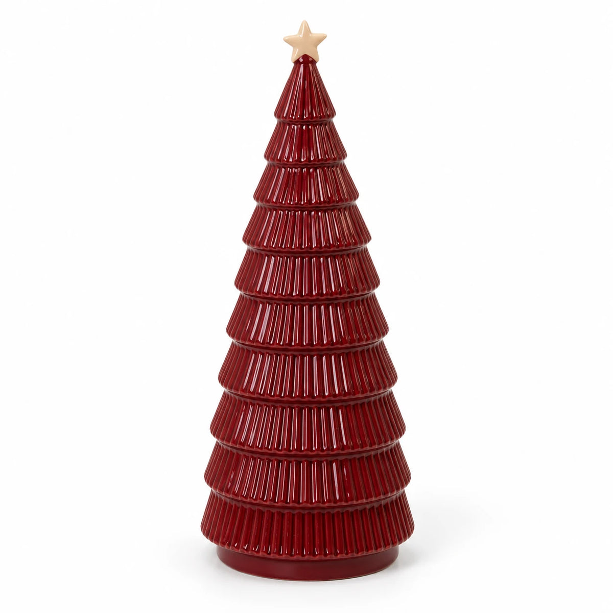 Angled studio view of burgundy ceramic Christmas tree showing ribbed tiers