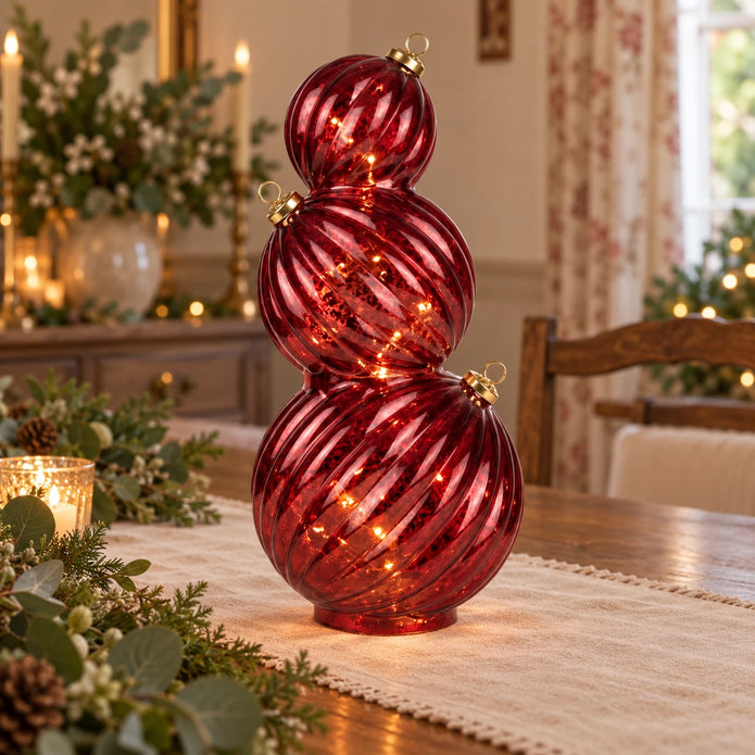 Burgundy light-up LED stacking glass Christmas baubles on a dining table, decorative holiday ornaments by Candlelight Products Ltd.