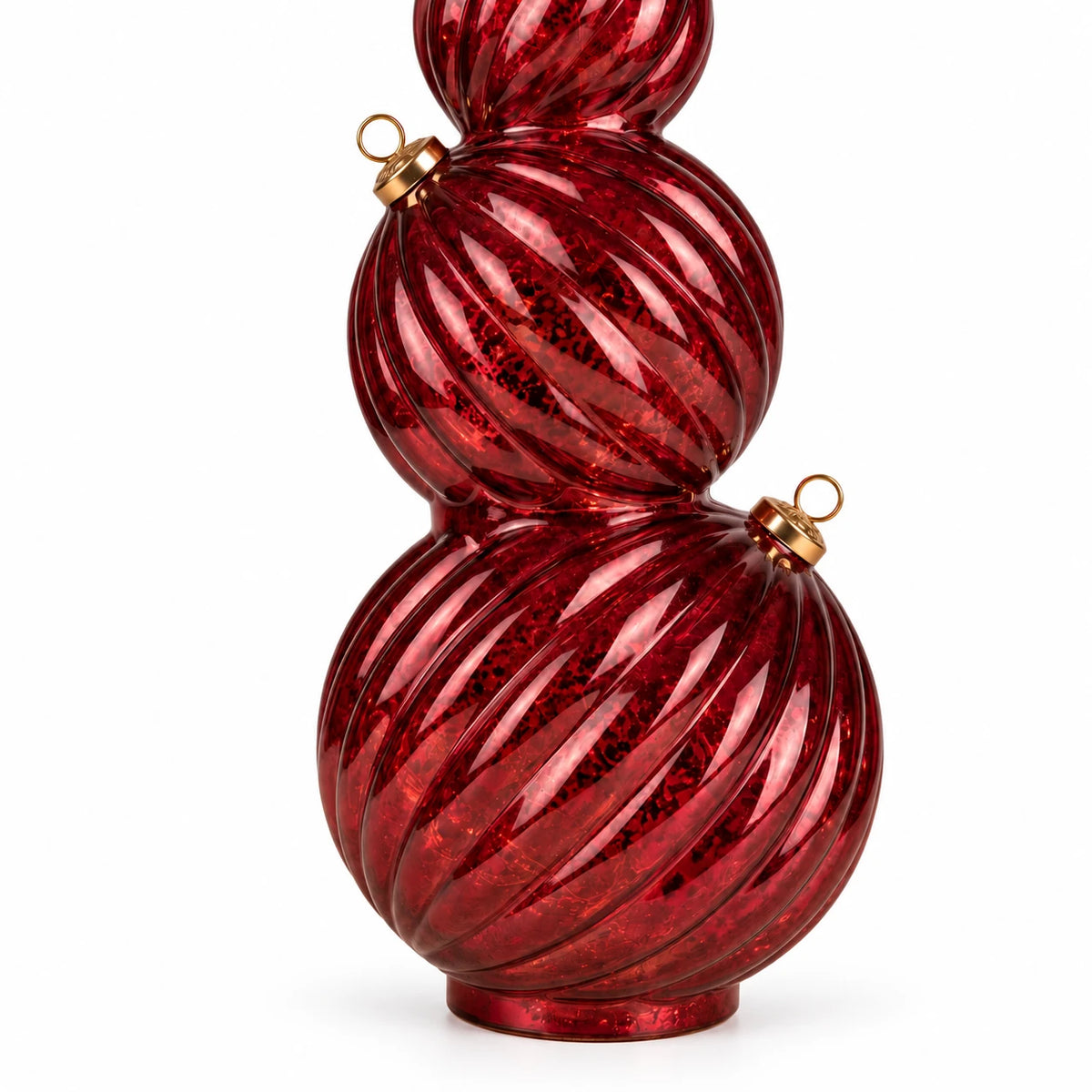 Burgundy light-up LED stacking glass baubles for Christmas decorations, featuring glass details and illuminated LED lights.