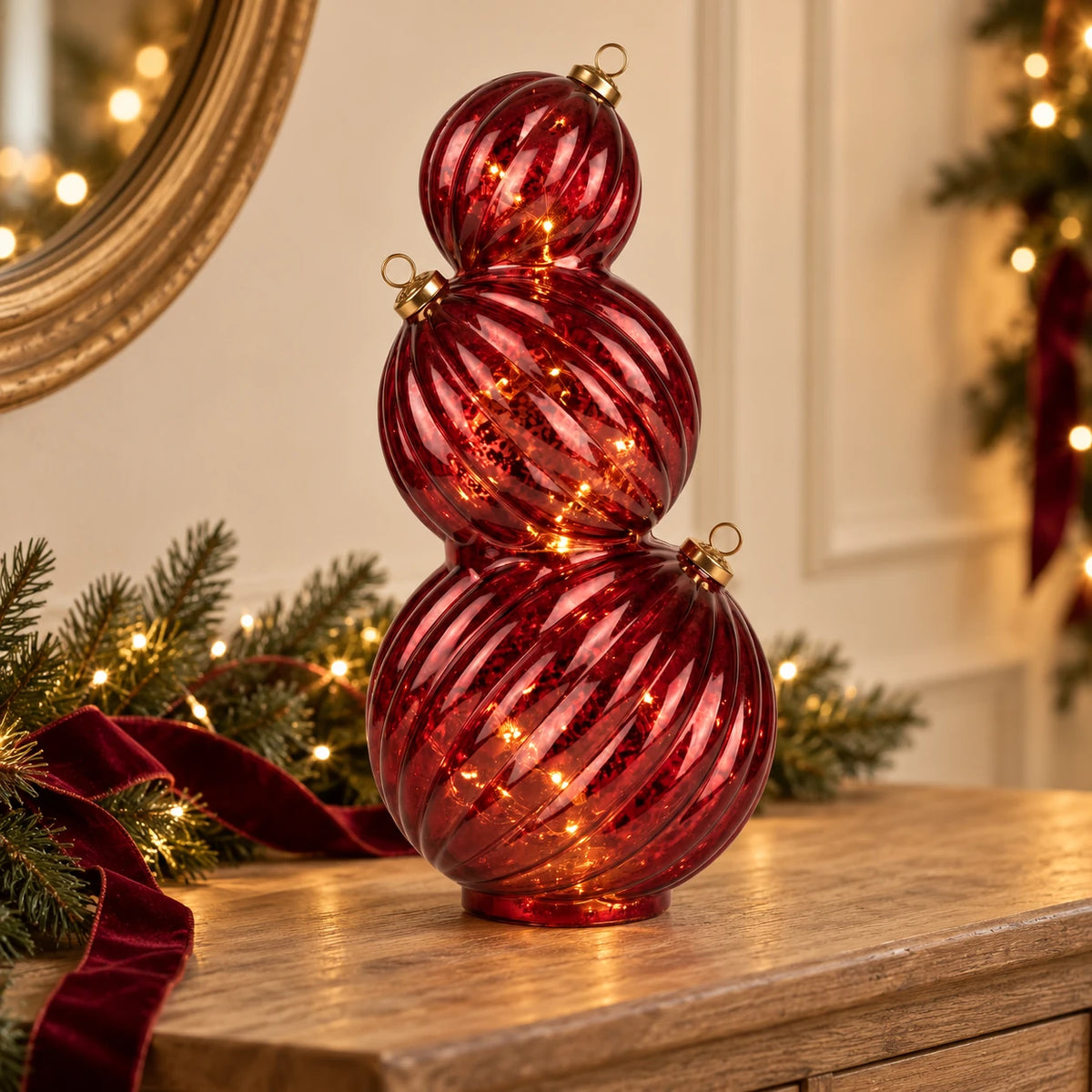 Burgundy Light Up LED Stacking Glass Baubles for Christmas decoration by Candlelight Products Ltd, featuring illuminated glass ornaments.
