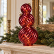Burgundy Light Up LED Stacking Glass Baubles for Christmas decor, arranged on a mantel, by Candlelight Products Ltd