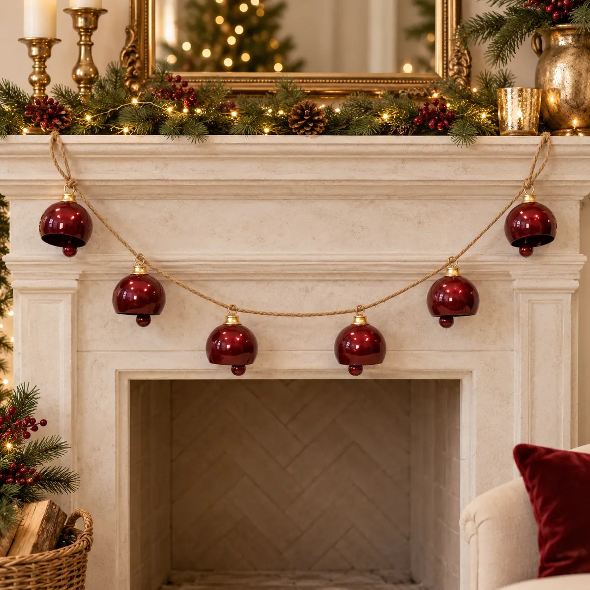 Six-bell burgundy metal garland hanging across a Christmas fireplace mantel