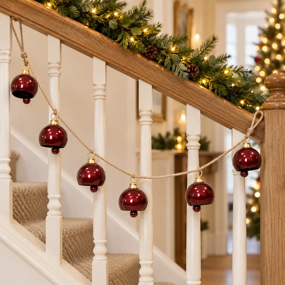 Burgundy metal bell garland styled beneath an oak staircase handrail at Christmas