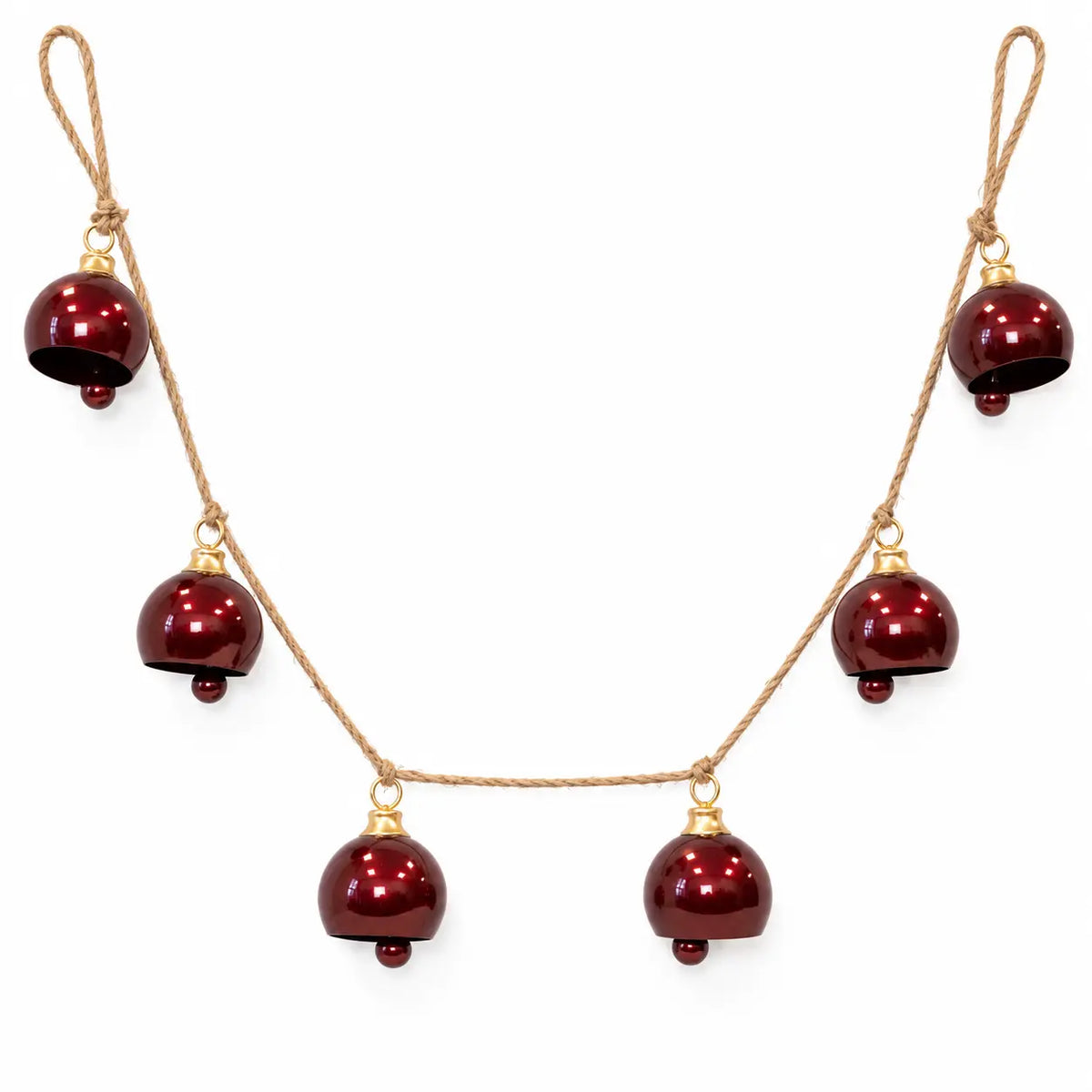 Burgundy metal bell garland with six bells on rustic rope, full product on a white background