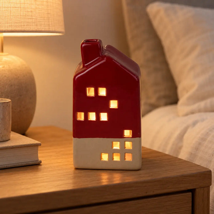 Burgundy red ceramic LED house glowing on a bedside table in an everyday interior.