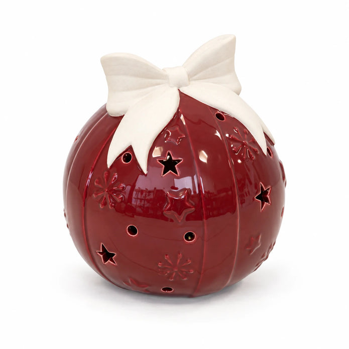 Burgundy red ceramic LED bauble with ivory bow on a white background