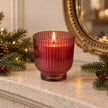 Burgundy medium ridged glass footed candle for Christmas decor, crafted by Candlelight Products Ltd.