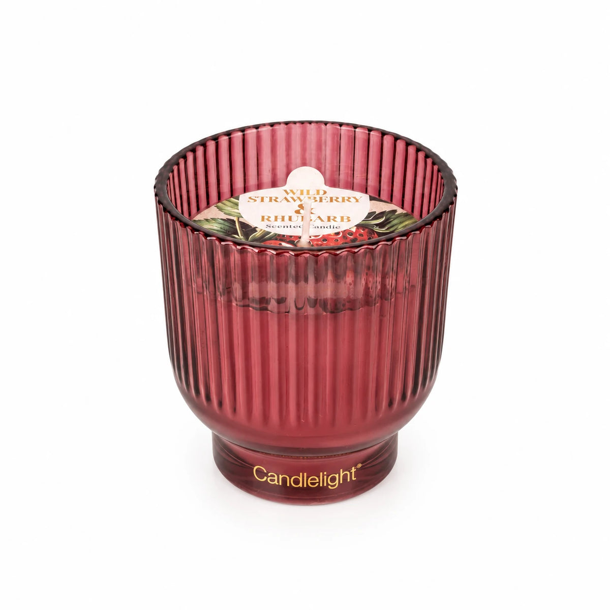 Burgundy medium ridged footed glass candle for Christmas by Candlelight Products Ltd in a white studio setting.