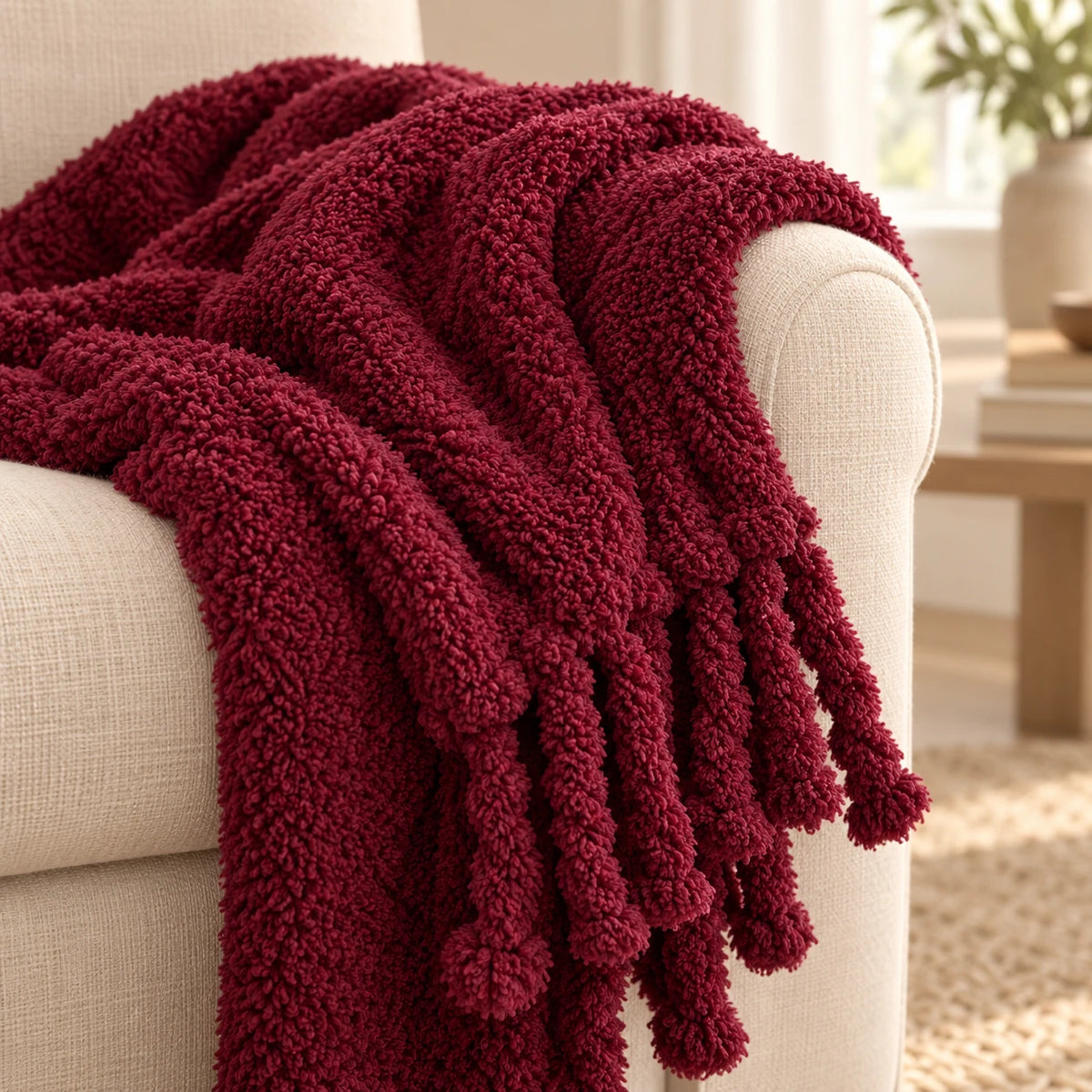 Burgundy Sherpa tasselled blanket throw from Riva Home, showcasing soft plush fabric and decorative tassels.