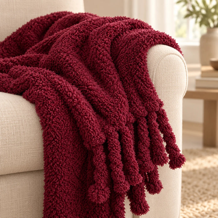 Burgundy Sherpa tasselled blanket throw from Riva Home, showcasing soft plush fabric and decorative tassels.
