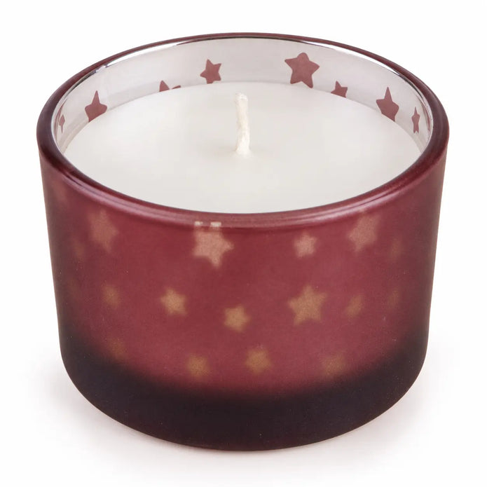 Burgundy red Christmas stockings and baubles candle in a cozy studio setting, featuring festive holiday decor by Candlelight Products Ltd.