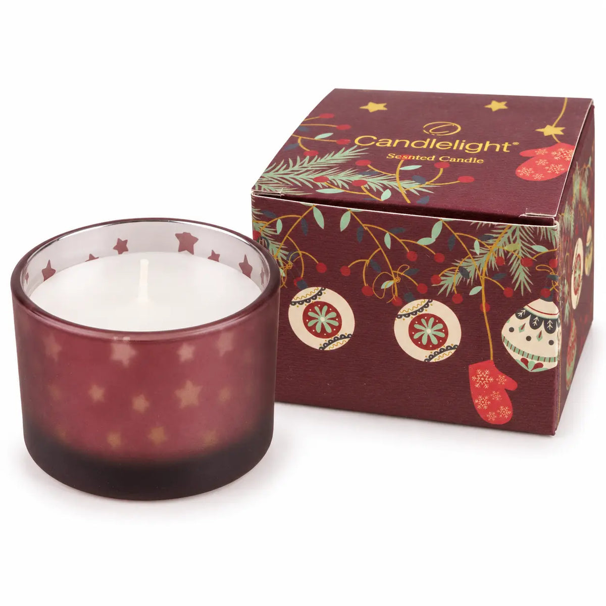 Burgundy red Christmas stockings and baubles candle by Candlelight Products Ltd, festive holiday decor with warm candlelight.