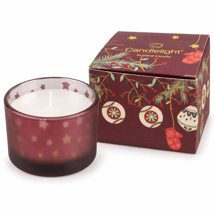 Burgundy red Christmas stockings and baubles candle by Candlelight Products Ltd, festive holiday decor with warm candlelight.
