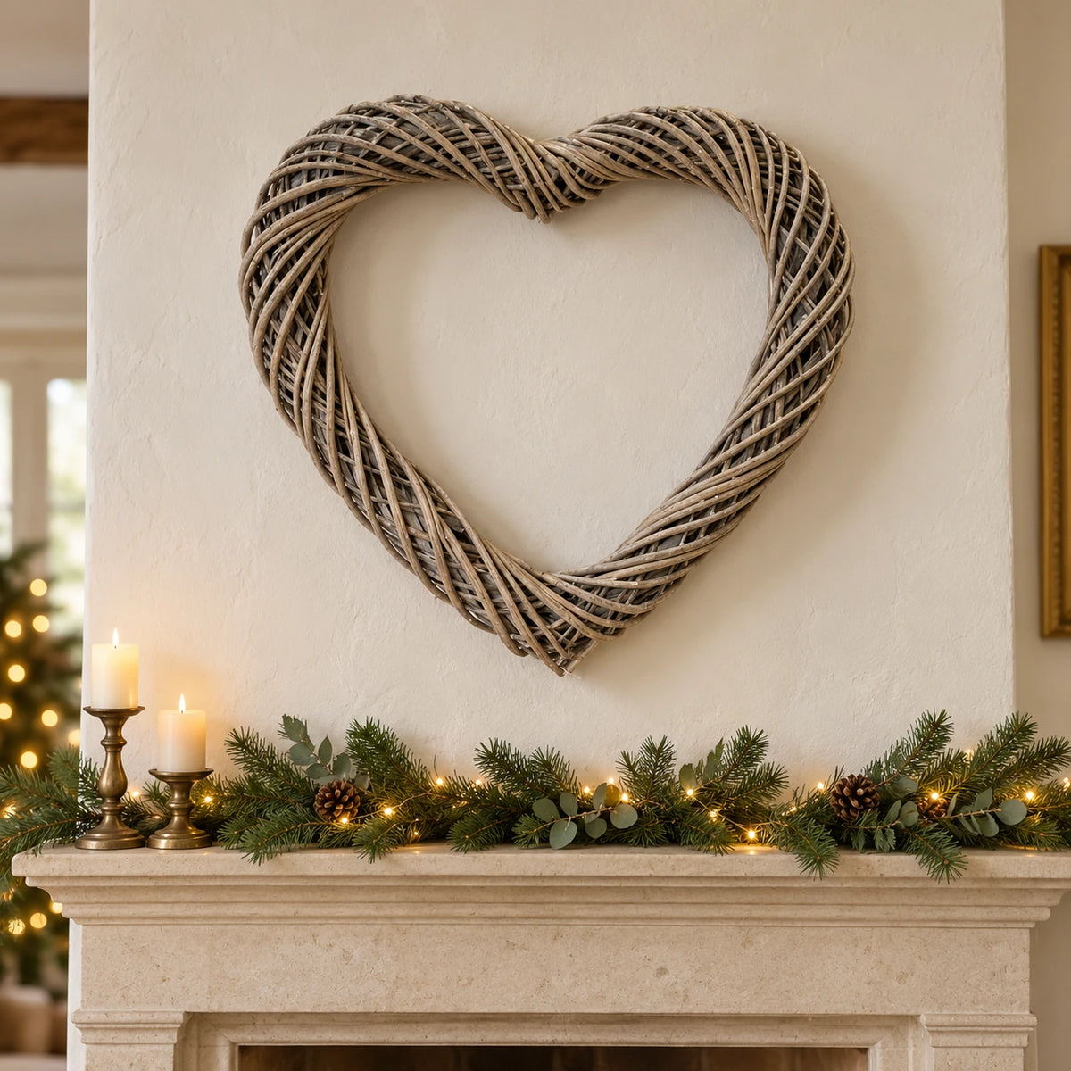 Satchville large Burley heart thick willow wreath for Christmas mantel décor