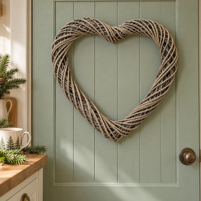 Satchville Burley Heart Thick Willow Wreath - Large, natural Christmas heart wreath on a kitchen door