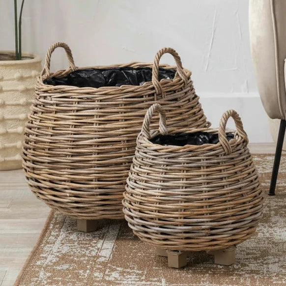 Rattan-lined round bulbous planter basket for home decor, featuring a natural woven design by Pacific Lifestyle Ltd.