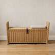 Lows Burley Rattan Rectangle Trunk Bench with woven rattan design, sturdy wooden legs, and rectangular shape for versatile storage and seating.