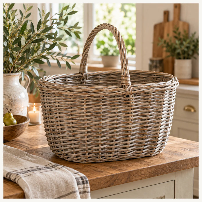 Burley rattan shopping basket by Pacific Lifestyle Limited with woven handles and natural finish