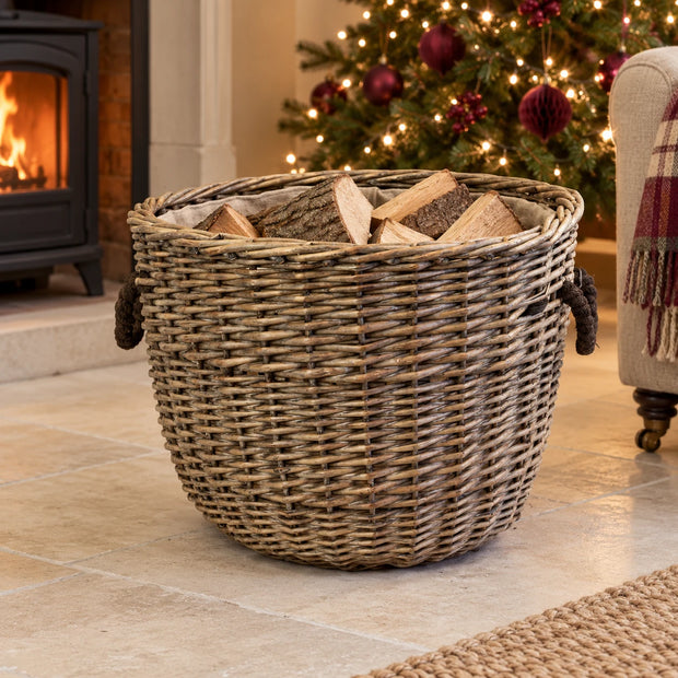 Satchville Burley Log Basket with hessian liner and rope handles for storing firewood or logs.
