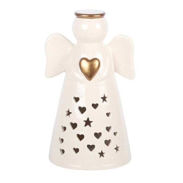 Large LED angel decoration with heart, illuminated light-up angel figure for festive or decorative display
