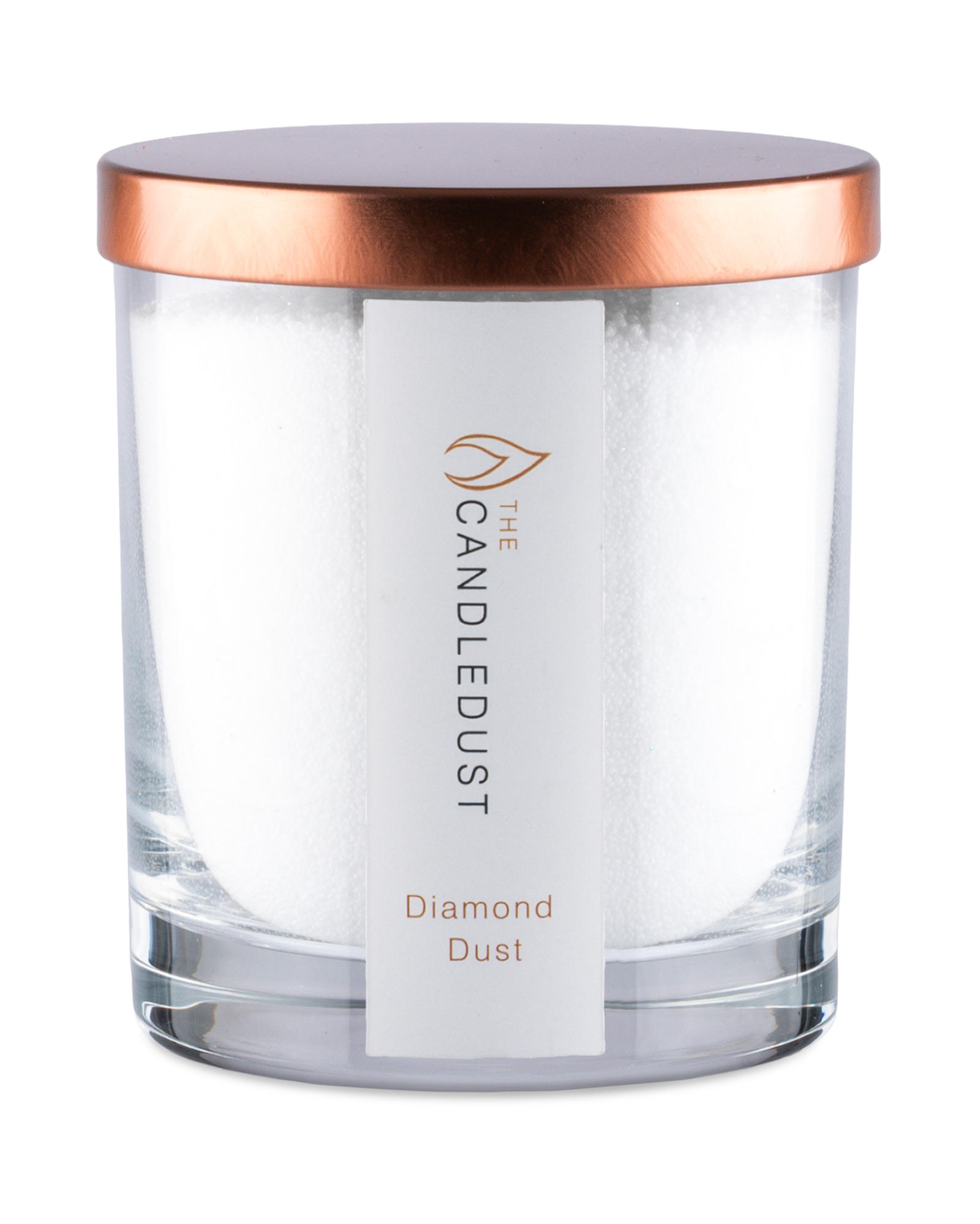 Clear candle jar with rose gold lid and 'The Candledust' label on a white background