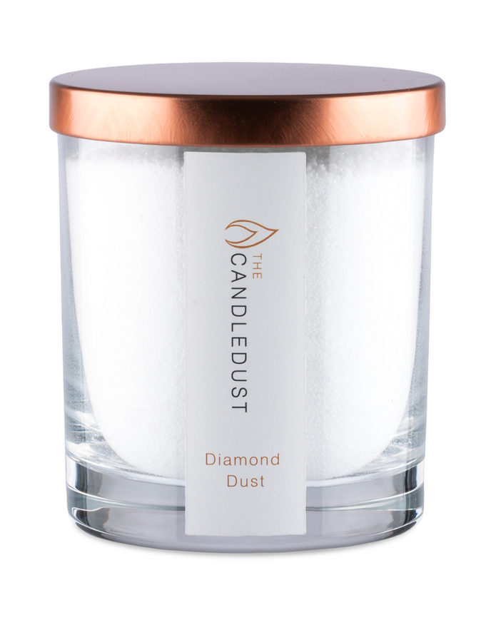 Clear candle jar with rose gold lid and 'The Candledust' label on a white background