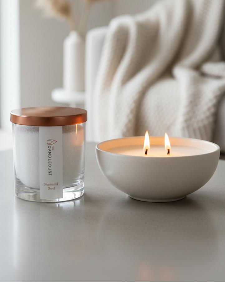 White scented candle in a sand jar with diamond dust, home fragrance by The Candledust, showcasing the elegant candle design.