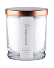 White scented candle in sand jar with diamond dust decoration, from The Candledust home fragrance collection.