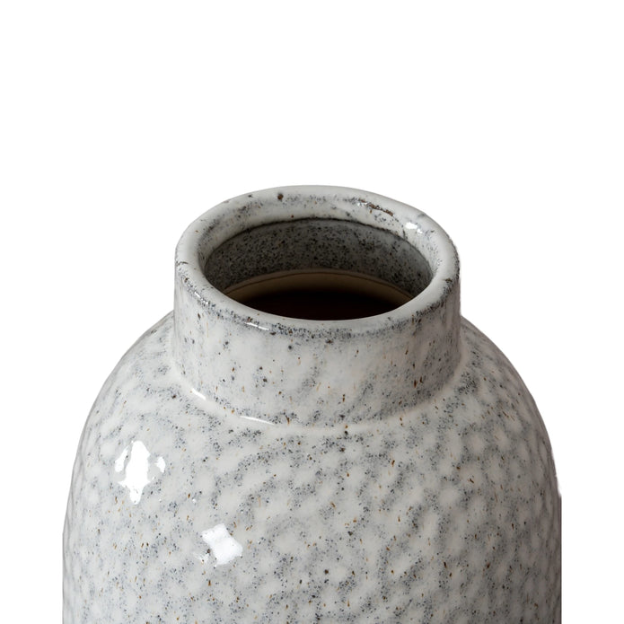 White glazed Cairn Dimple vase by Hill Interiors, decorative ceramic vase with textured dimpled surface for home decor.