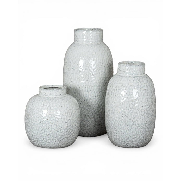 White glazed Cairn Dimple vase by Hill Interiors, featuring a rounded shape with textured dimples, perfect for home decor.