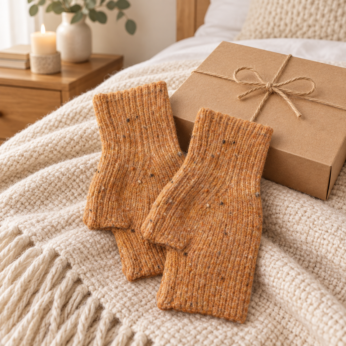 Camel speckle fingerless gloves styled on a soft bedroom throw beside a gift box