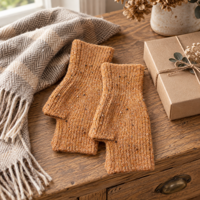 Camel speckle fingerless gloves arranged on a rustic oak table
