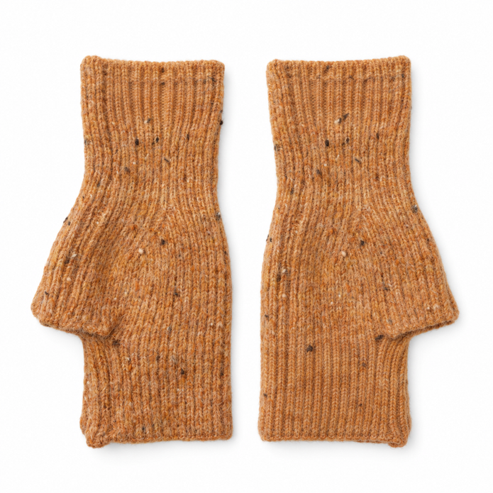 Pair of camel speckle fingerless gloves on a clean white background