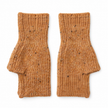 Pair of camel speckle fingerless gloves on a clean white background