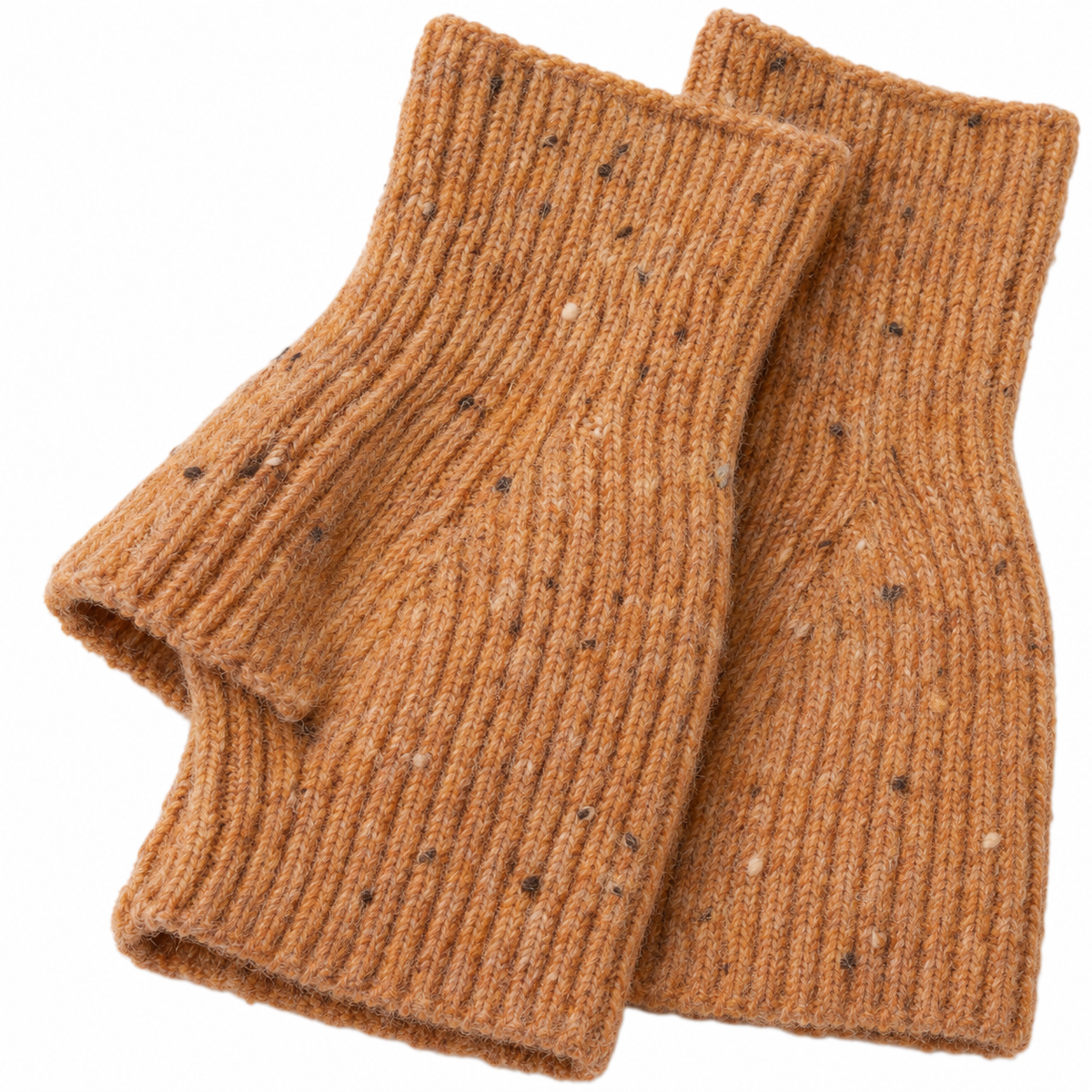 Close-up of the soft camel speckle knit on fingerless gloves