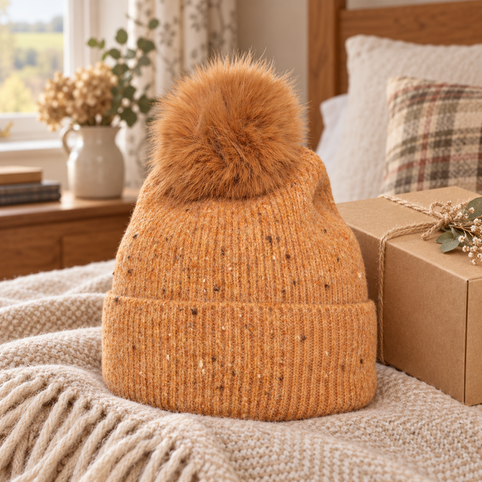Camel speckle rib bobble hat styled on a warm neutral bedroom throw beside a gift box